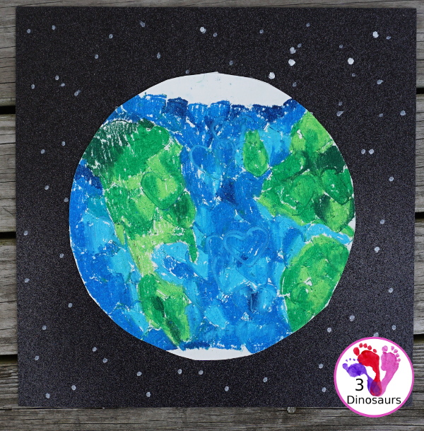 Oil Pastel Earth with Heart Shapes - a great craft that works on blending colors and making a very fun planet Earth for Earth Day - 3Dinosaurs.com