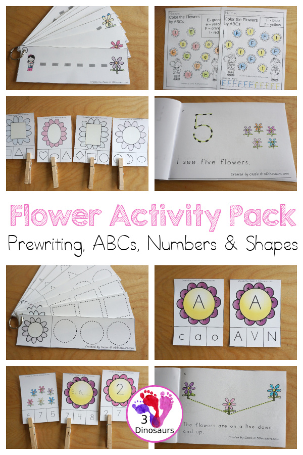 Flower Activity Pack: Prewriting, Shapes, ABCs & Numbers - with flower easy reader books, flower clip cards, flower tracing strips and flower no-prep printables - All of the pages work together to have a mix of hands-on and no-prep printables for learning during the spring. - 3Dinosaurs.com