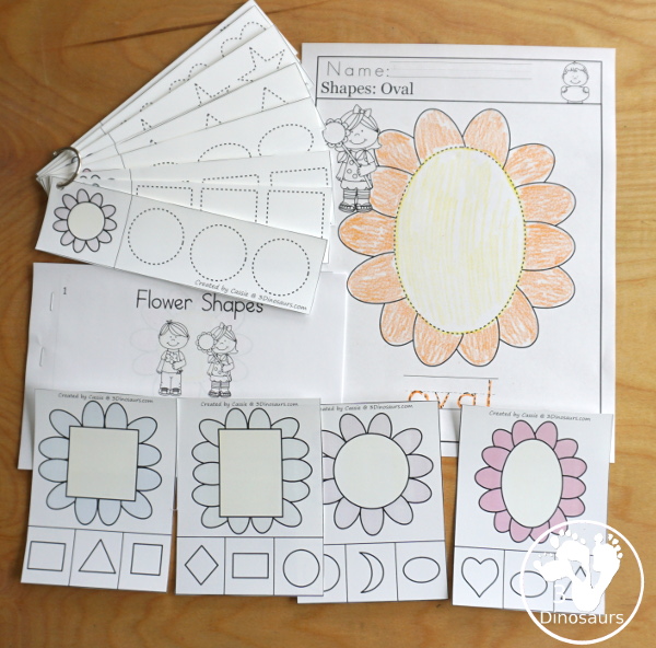 Flower Activity Pack: Shape  Printables - no-prep flower shape worksheets, shape easy reader book, shape clip cards, and shape tracing strips that are all great for a spring flower theme for kids - 3Dinosaurs.com
