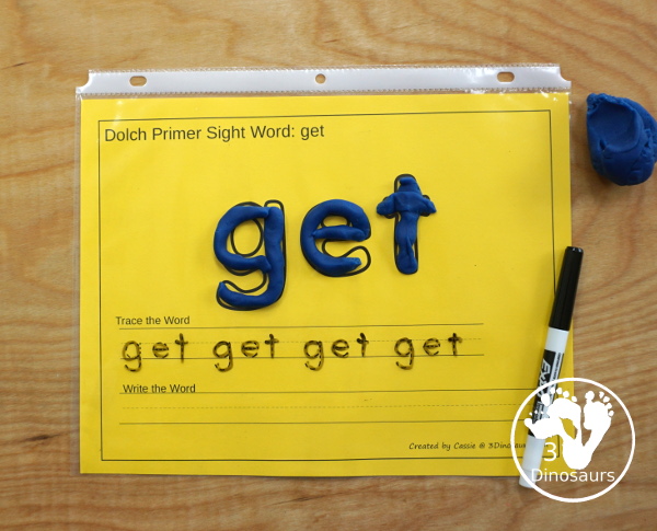 Free Dolch Primer Sight Words Playdough Mats with Tracing - 52 free sight word play-doh mats for kids to learn their sight words with playdough sight word, tracing the word, and write the sight word - 3Dinosaurs.com