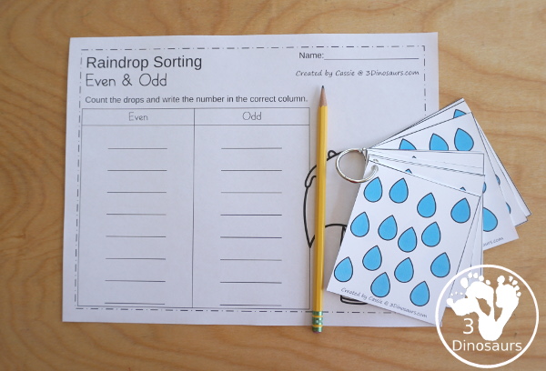 Free Hands-On Even and Odd Sorting Raindrops - Counting and sorting raindrops by even and odd with a recording sheet - 3Dinosaurs.com