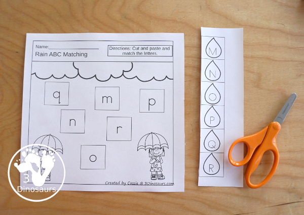 Free Raindrop ABC Matching Cut & Paste  -All 26 letters of the alphabet in a mix of letters in order and a mix of letters - 10 pages of printables - 3Dinosaurs.com #3dinosaurs #nopreprintable #freeprintable #ABCs #prek #kindergarten