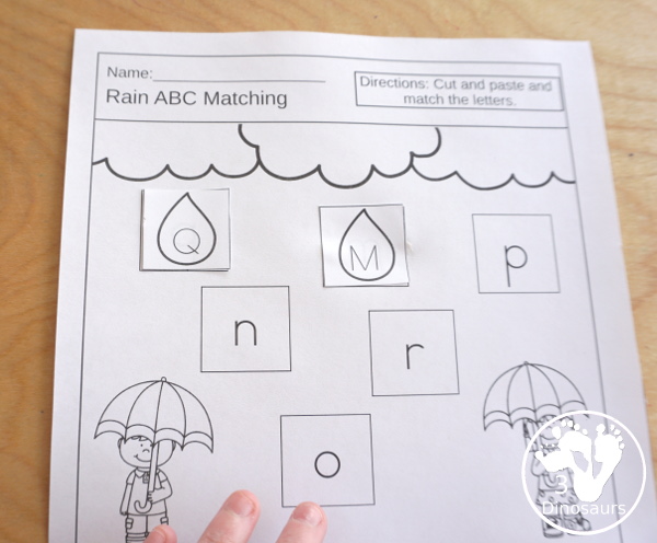 Free Raindrop ABC Matching Cut & Paste  -All 26 letters of the alphabet in a mix of letters in order and a mix of letters - 10 pages of printables - 3Dinosaurs.com #3dinosaurs #nopreprintable #freeprintable #ABCs #prek #kindergarten