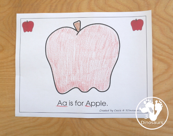 Free Romping & Roaring A Pack; A is for Apple - with 47 pages of activities for kids to work on learning the letter A with prewriting, puzzles, tracing, coloring, dot markers letters and more - 3Dinosaurs.com