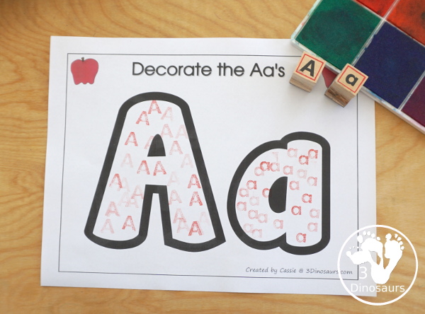 Free Romping & Roaring A Pack; A is for Apple - with 47 pages of activities for kids to work on learning the letter A with prewriting, puzzles, tracing, coloring, dot markers letters and more - 3Dinosaurs.com
