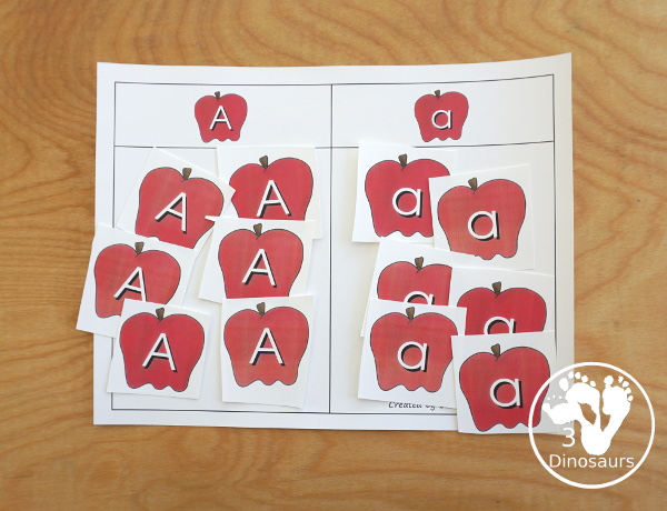 Free Romping & Roaring A Pack; A is for Apple - with 47 pages of activities for kids to work on learning the letter A with prewriting, puzzles, tracing, coloring, dot markers letters and more - 3Dinosaurs.com
