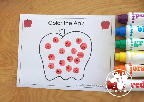 Free Romping & Roaring A Pack; A is for Apple - with 47 pages of activities for kids to work on learning the letter A with prewriting, puzzles, tracing, coloring, dot markers letters and more - 3Dinosaurs.com