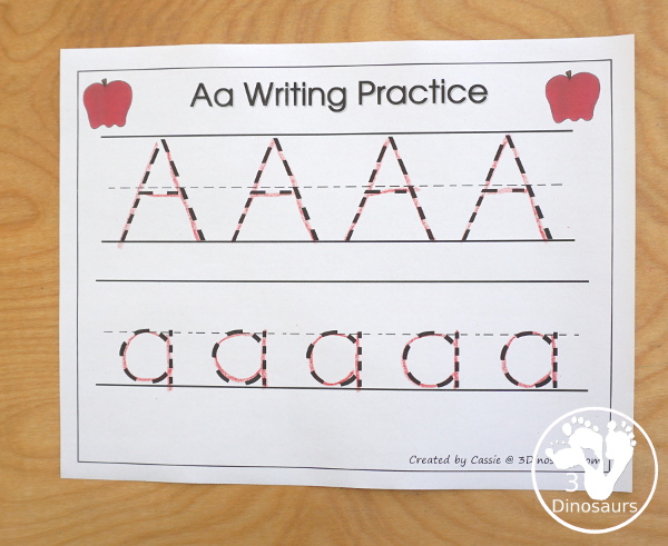 Free Romping & Roaring A Pack; A is for Apple - with 47 pages of activities for kids to work on learning the letter A with prewriting, puzzles, tracing, coloring, dot markers letters and more - 3Dinosaurs.com