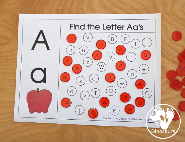 Free Romping & Roaring A Pack; A is for Apple - with 47 pages of activities for kids to work on learning the letter A with prewriting, puzzles, tracing, coloring, dot markers letters and more - 3Dinosaurs.com