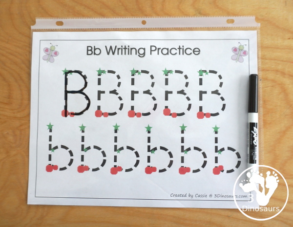 Free Romping & Roaring B Pack - B is for Butterfly theme with prewriting, writing, puzzles, dot marker letters, letter finds and more - 3Dinosaurs.com