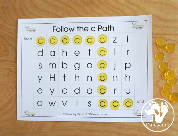 Free Romping & Roaring C Pack - C is for Caterpillar theme with prewriting, writing, puzzles, dot marker letters, letter finds and more - 3Dinosaurs.com