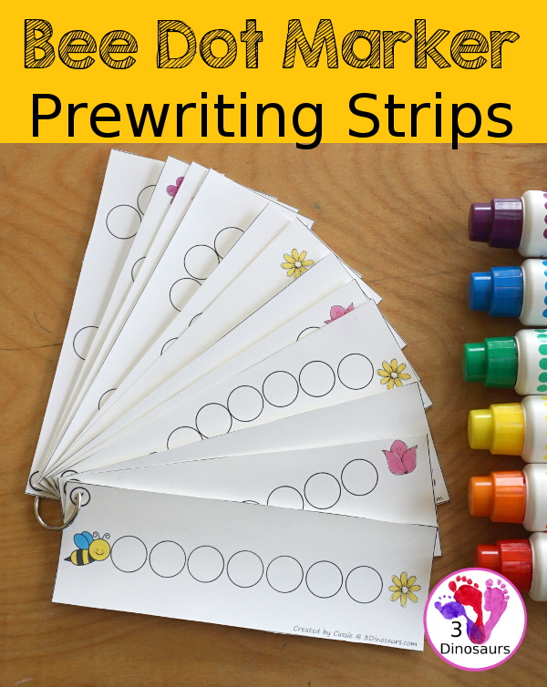 Free Bee Dot Marker Prewriting Printable - with 12 dot marker prewriting strips to use with kids in different dot marker lines that are great for younger hands to build fine motor skills. - 3Dinosaurs.com