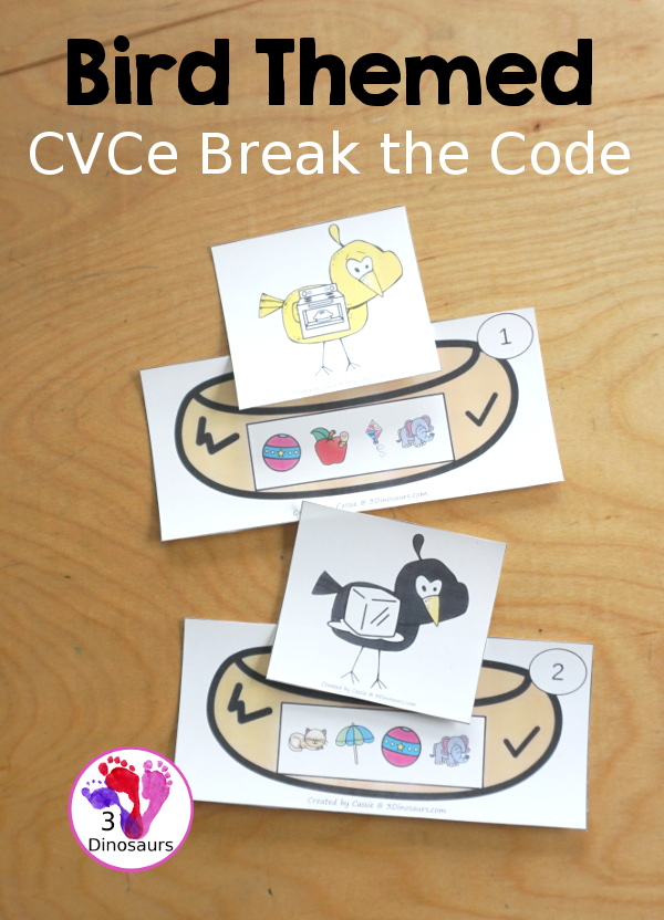 Free Bird CVCe Break The Code Printable - It has 12 nests with matching CVCe picture and a recording sheet - a fun set of printables to work on sounds of letters - 3Dinosaurs.com