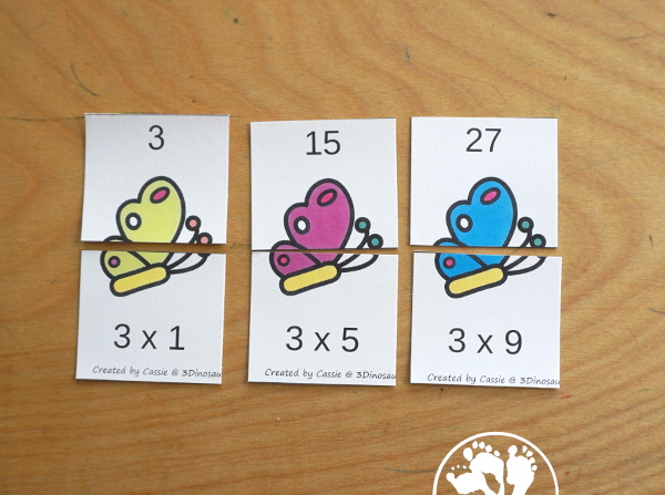 Free Butterfly Multiplication Matching Puzzles - with multiplication for number 1 to 12 - with each number on a single page and has 12 puzzles on each page with 12 pages of printables - 3Dinosaurs.com - 3Dinosaurs.com