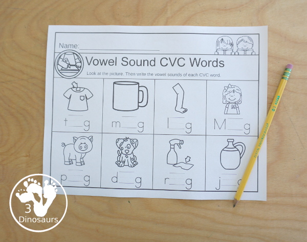 CVC Word Write the Vowel Sound printable - with by ending and then by mixed endings for writing the vowel sound with 32 pages of printables. - 3Dinosaurs.com
