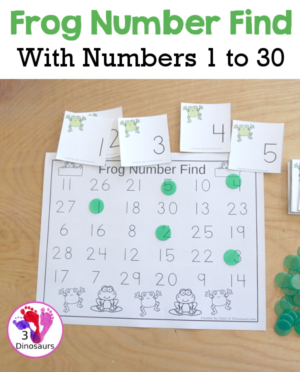Free Frog Number Find and Trace with 1 to 30 Numbers - you have 30 number cards, number find printable, number tracing printable and number dot marker find printable for working on numbers from 1 to 30 - 3Dinosaurs.com