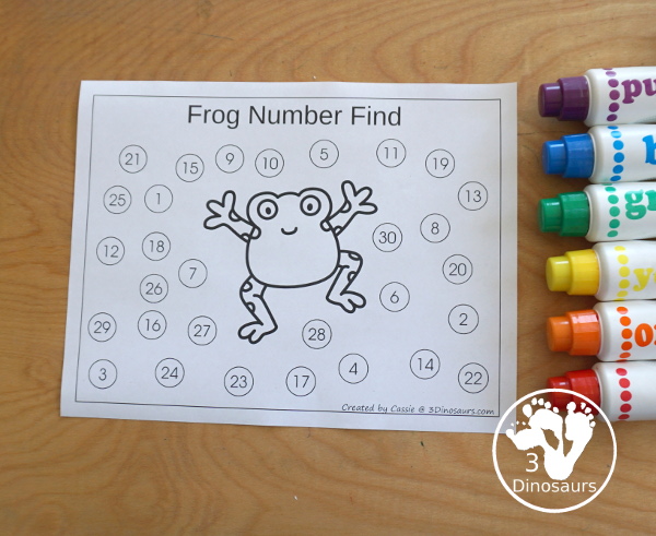 Free Frog Number Find and Trace with 1 to 30 Numbers - you have 30 number cards, number find printable, number tracing printable and number dot marker find printable for working on numbers from 1 to 30 - 3Dinosaurs.com