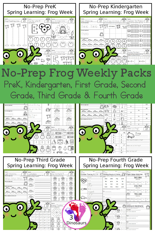 Frog No-Prep Weekly Packs PreK, Kindergarten, First Grade, Second Grade, Third Grade & Fourth Grade with 5 days of activities to do for each grade level With loads of bird themes - You will find a mix of math, language, and more - These are easy to use packs for spring learning, homework, early finisher, and morning work. Easy no-prep printables for kids with four pages for each day - 3Dinosaurs.com