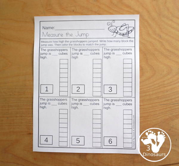 Free Measure the Grasshoppers Jump with 6 measuring grasshopper jump cards and 1 measuring recording worksheet for kids - 3Dinosaurs.com