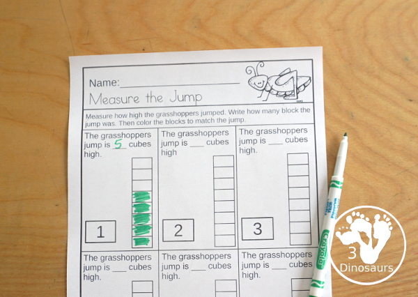 Free Measure the Grasshoppers Jump with 6 measuring grasshopper jump cards and 1 measuring recording worksheet for kids - 3Dinosaurs.com