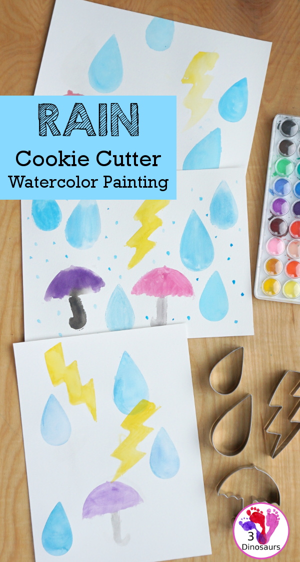 Rain Themed Water Color Cookie Painting - a fun watercolor painting with cookie cutters. - 3Dinosaurs.com
