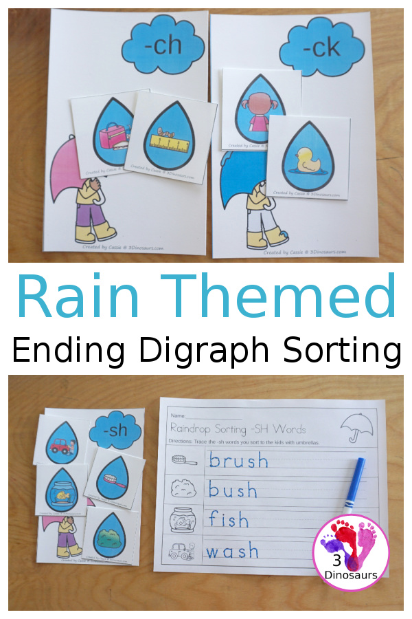 Free Raindrop Digraph Sorting - CH - CK - SH -TH - with sorting mats, raindrops with ending digraphs and tracing ending digraphs words worksheet - 3Dinosaurs.com