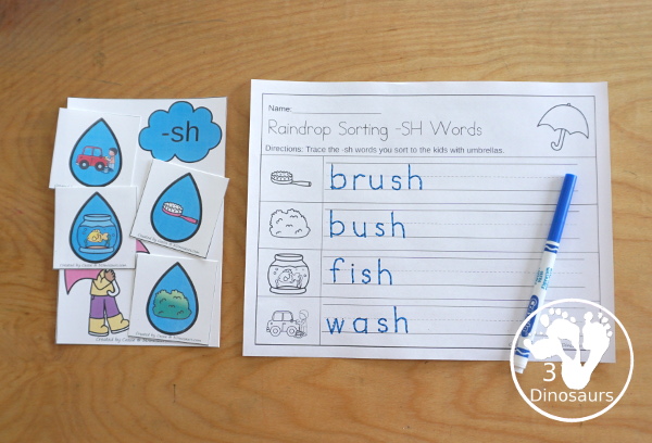 Free Raindrop Digraph Sorting - CH - CK - SH -TH - with sorting mats, raindrops with ending digraphs and tracing ending digraphs words worksheet - 3Dinosaurs.com
