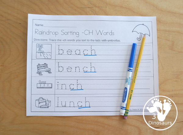Free Raindrop Digraph Sorting - CH - CK - SH -TH - with sorting mats, raindrops with ending digraphs and tracing ending digraphs words worksheet - 3Dinosaurs.com