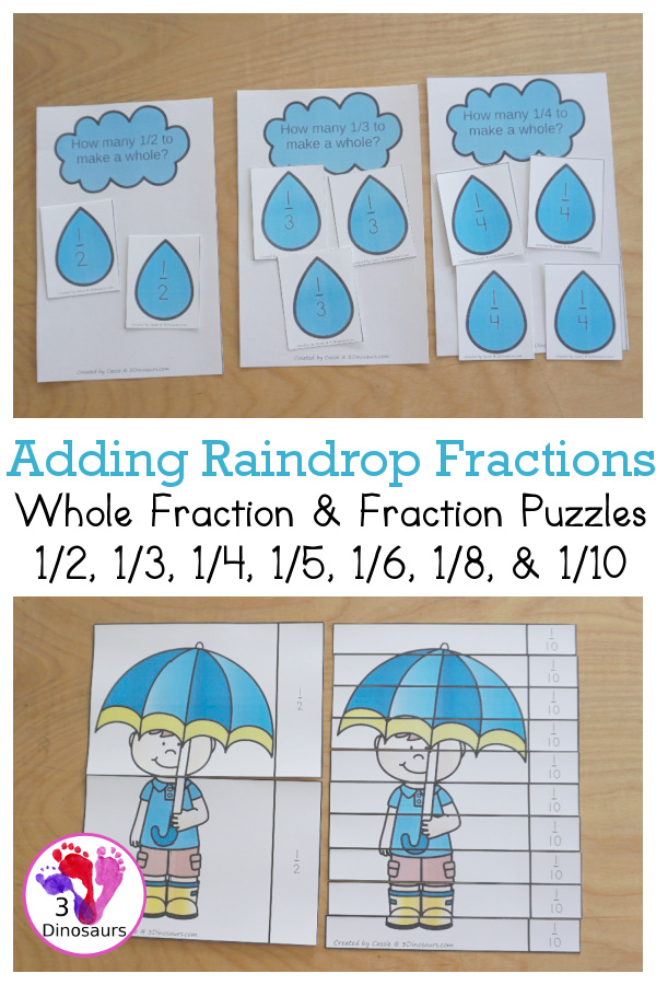 Free Raindrop Adding Fractions to Make Whole with same fraction and mixed fractions with 1/2, 1/3, 1/4, 1/5, 1/6, 1/8, & 1/10, with raindrop fractions, fraction puzzles and fraction math centers - 3Dinosaurs.com