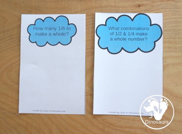 Free Raindrop Adding Fractions to Make Whole with same fraction and mixed fractions with 1/2, 1/3, 1/4, 1/5, 1/6, 1/8, & 1/10, with raindrop fractions, fraction puzzles and fraction math centers - 3Dinosaurs.com