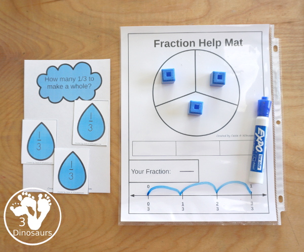 Free Raindrop Adding Fractions to Make Whole with same fraction and mixed fractions with 1/2, 1/3, 1/4, 1/5, 1/6, 1/8, & 1/10, with raindrop fractions, fraction puzzles and fraction math centers - 3Dinosaurs.com