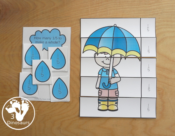 Free Raindrop Adding Fractions to Make Whole with same fraction and mixed fractions with 1/2, 1/3, 1/4, 1/5, 1/6, 1/8, & 1/10, with raindrop fractions, fraction puzzles and fraction math centers - 3Dinosaurs.com