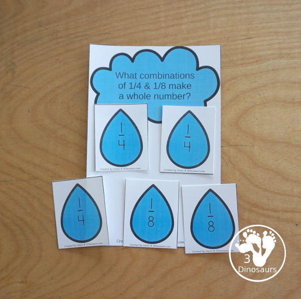 Free Raindrop Adding Fractions to Make Whole with same fraction and mixed fractions with 1/2, 1/3, 1/4, 1/5, 1/6, 1/8, & 1/10, with raindrop fractions, fraction puzzles and fraction math centers - 3Dinosaurs.com