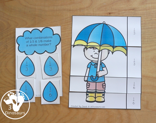 Free Raindrop Adding Fractions to Make Whole with same fraction and mixed fractions with 1/2, 1/3, 1/4, 1/5, 1/6, 1/8, & 1/10, with raindrop fractions, fraction puzzles and fraction math centers - 3Dinosaurs.com