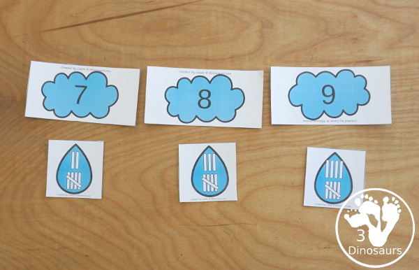 Free Raindrop Subitizing Number Practice & Counting - with numbers 1 to 10 with dice, tally marks, ten frames and counting raindrops for sorting. A great hands-on number activity - 3Dinosaurs.com