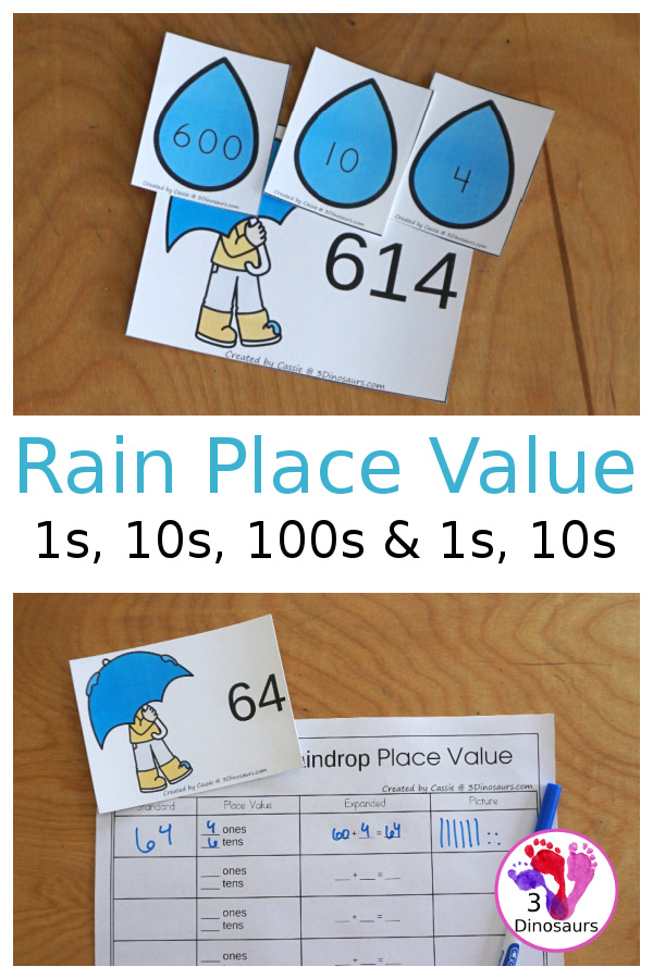Free Raindrop Place Value Printable with 10s & 1s and 100s, 10s & 1s - with place value expanded form cards, place number cards and recording sheets. - 3Dinosaurs.com