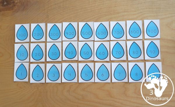 Free Raindrop Place Value Printable with 10s & 1s and 100s, 10s & 1s - with place value expanded form cards, place number cards and recording sheets.  - 3Dinosaurs.com