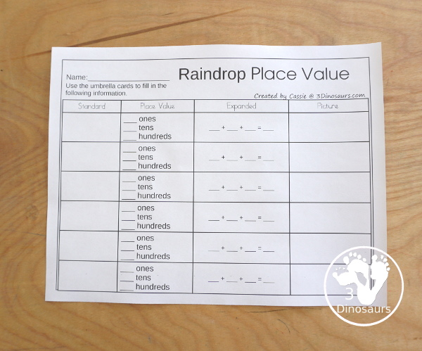 Free Raindrop Place Value Printable with 10s & 1s and 100s, 10s & 1s - with place value expanded form cards, place number cards and recording sheets. - 3Dinosaurs.com