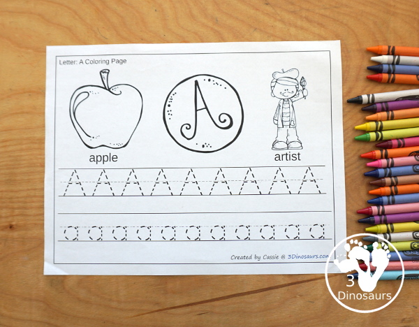 Free ABC Coloring and Tracing Printable - with tracing letters and trace and write letters options for the letter handwriting with uppercase letters and lowercase letters together - 3Dinosaurs.com