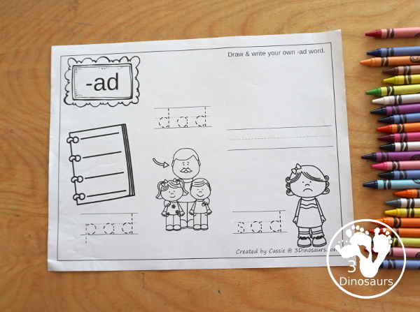 Free CVC Word Family Coloring Pages: Short A Vowel with ad, -ag, -am, -an, -ap, -ar, -at with tracing the words, coloring the pictures and draw their own short a word for the short a ending - 3Dinosaurs.com