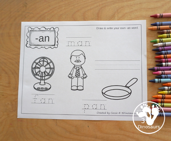 Free CVC Word Family Coloring Pages: Short A Vowel with ad, -ag, -am, -an, -ap, -ar, -at  with tracing the words, coloring the pictures and draw their own short a word for the short a ending - 3Dinosaurs.com
