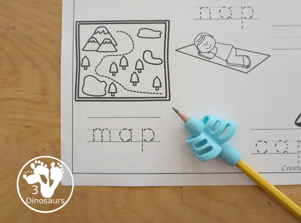 Free CVC Word Family Coloring Pages: Short A Vowel with ad, -ag, -am, -an, -ap, -ar, -at  with tracing the words, coloring the pictures and draw their own short a word for the short a vowels plus ending - 3Dinosaurs.com