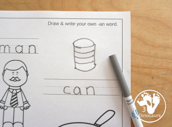 Free CVC Word Family Coloring Pages: Short A Vowel with ad, -ag, -am, -an, -ap, -ar, -at  with tracing the words, coloring the pictures and draw their own short a word for the short a vowels plus ending - 3Dinosaurs.com
