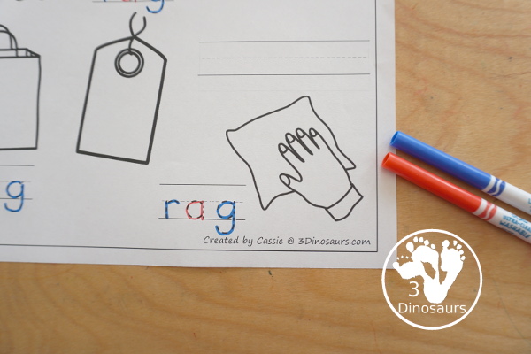 Free CVC Word Family Coloring Pages: Short A Vowel with ad, -ag, -am, -an, -ap, -ar, -at  with tracing the words, coloring the pictures and draw their own short a word for the short a vowels plus ending - 3Dinosaurs.com