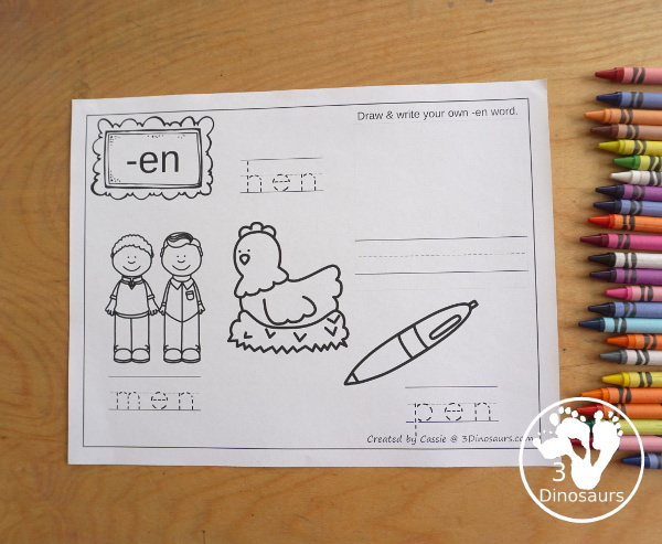 Free CVC Word Family Coloring Pages: Short E Vowel with ed, en, and et.  with tracing the words, coloring the pictures and draw their own short e word for the short a vowels plus ending - 3Dinosaurs.com