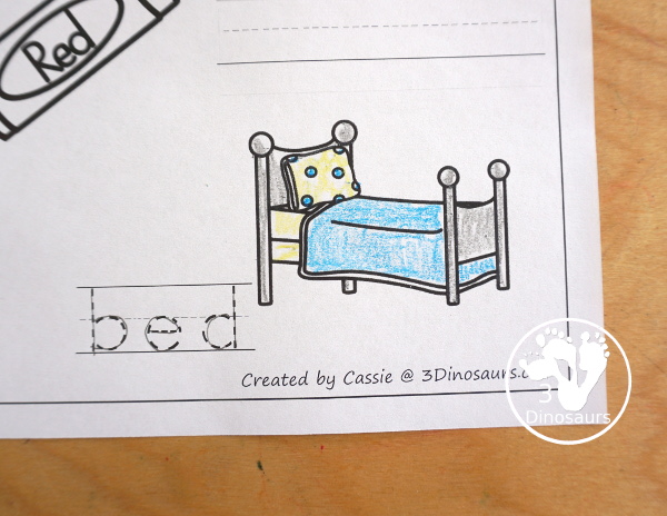 Free CVC Word Family Coloring Pages: Short E Vowel with ed, en, and et.  with tracing the words, coloring the pictures and draw their own short e word for the short a vowels plus ending - 3Dinosaurs.com