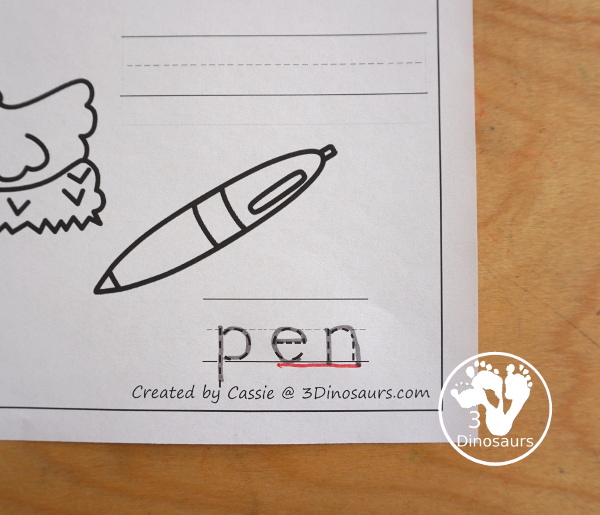 Free CVC Word Family Coloring Pages: Short E Vowel with ed, en, and et.  with tracing the words, coloring the pictures and draw their own short e word for the short a vowels plus ending - 3Dinosaurs.com