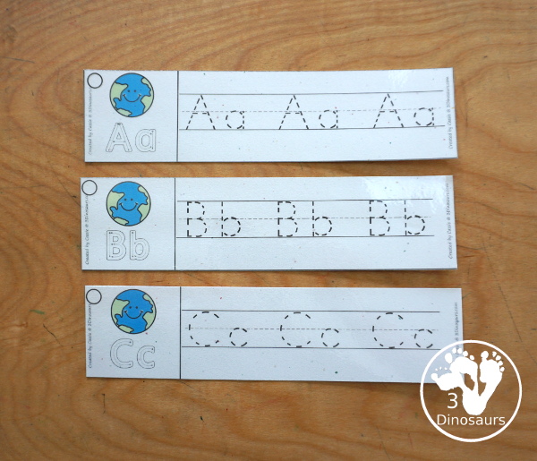 Free Earth ABC Tracing Strips - with uppercase and lowercase together. You have fun kids with an Earth plus you can see an example of how to trace the letters - 3Dinosaurs.com