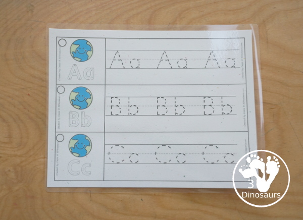 Free Earth ABC Tracing Strips - with uppercase and lowercase together. You have fun kids with an Earth, plus you can see an example of how to trace the letters - 3Dinosaurs.com