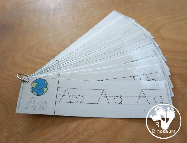 Free Earth ABC Tracing Strips - with uppercase and lowercase together. You have fun kids with an Earth, plus you can see an example of how to trace the letters - 3Dinosaurs.com